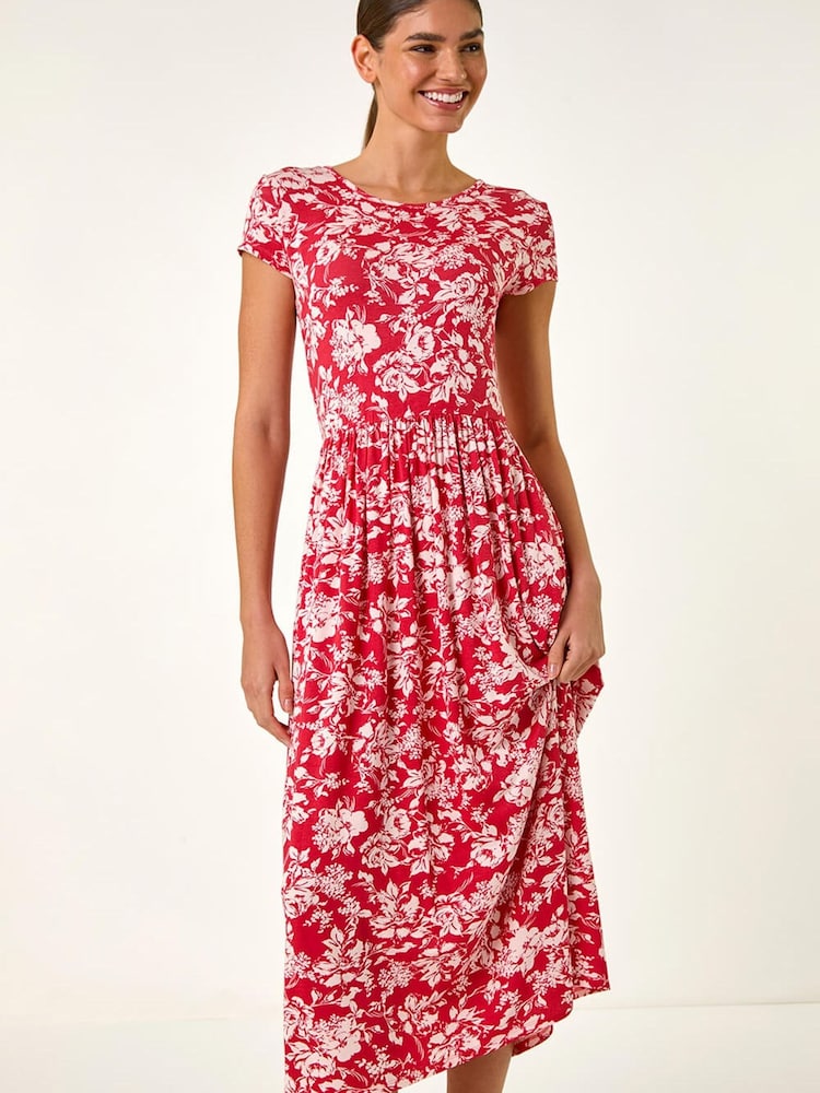 Roman Red Floral Print Stretch Midi Dress - Image 1 of 5 Roman Red Floral Print Stretch Midi Dress - Image 1 of 5