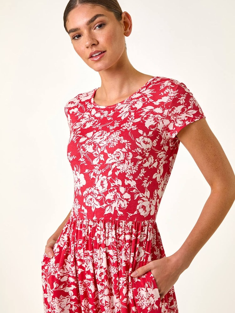 Roman Red Floral Print Stretch Midi Dress - Image 2 of 5 Roman Red Floral Print Stretch Midi Dress - Image 2 of 5