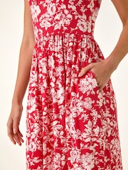 Roman Red Floral Print Stretch Midi Dress - Image 5 of 5