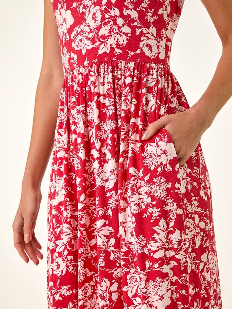 Roman Red Floral Print Stretch Midi Dress - Image 5 of 5 Roman Red Floral Print Stretch Midi Dress - Image 5 of 5
