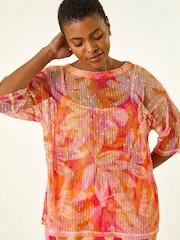 Roman Orange Floral Mesh Overlay Top - Image 1 of 5