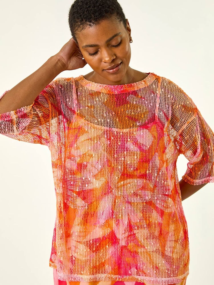 Roman Orange Floral Mesh Overlay Top - Image 1 of 5