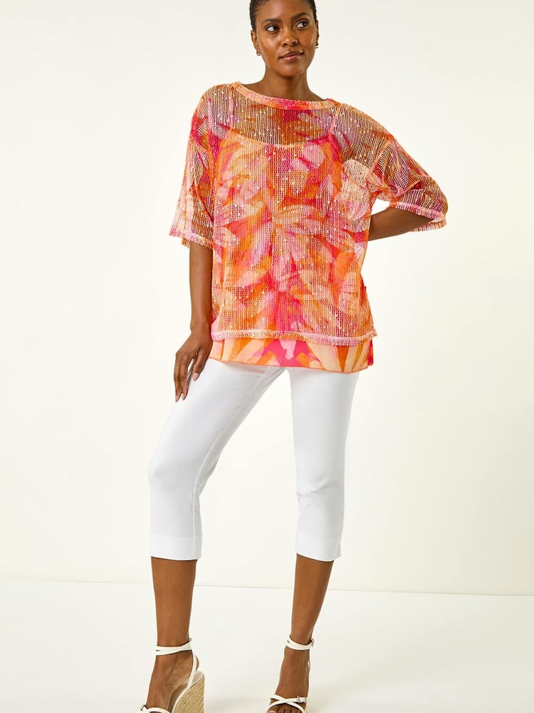 Roman Orange Floral Mesh Overlay Top - Image 2 of 5