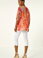 Roman Orange Floral Mesh Overlay Top - Image 3 of 5
