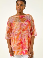 Roman Orange Floral Mesh Overlay Top - Image 4 of 5