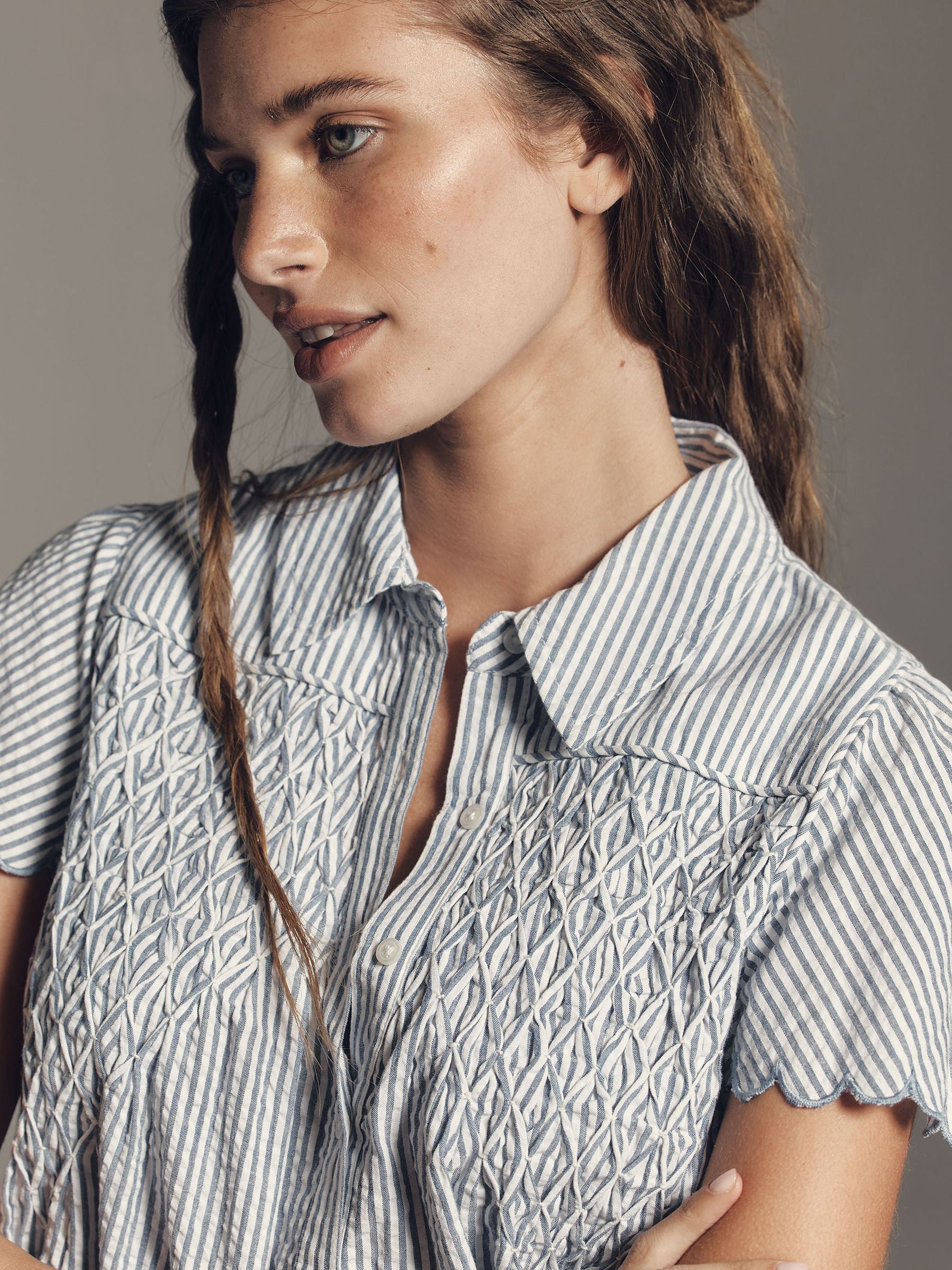 Buy Anthropologie Blue Stripey Maeve Button Up Cotton Scalloped