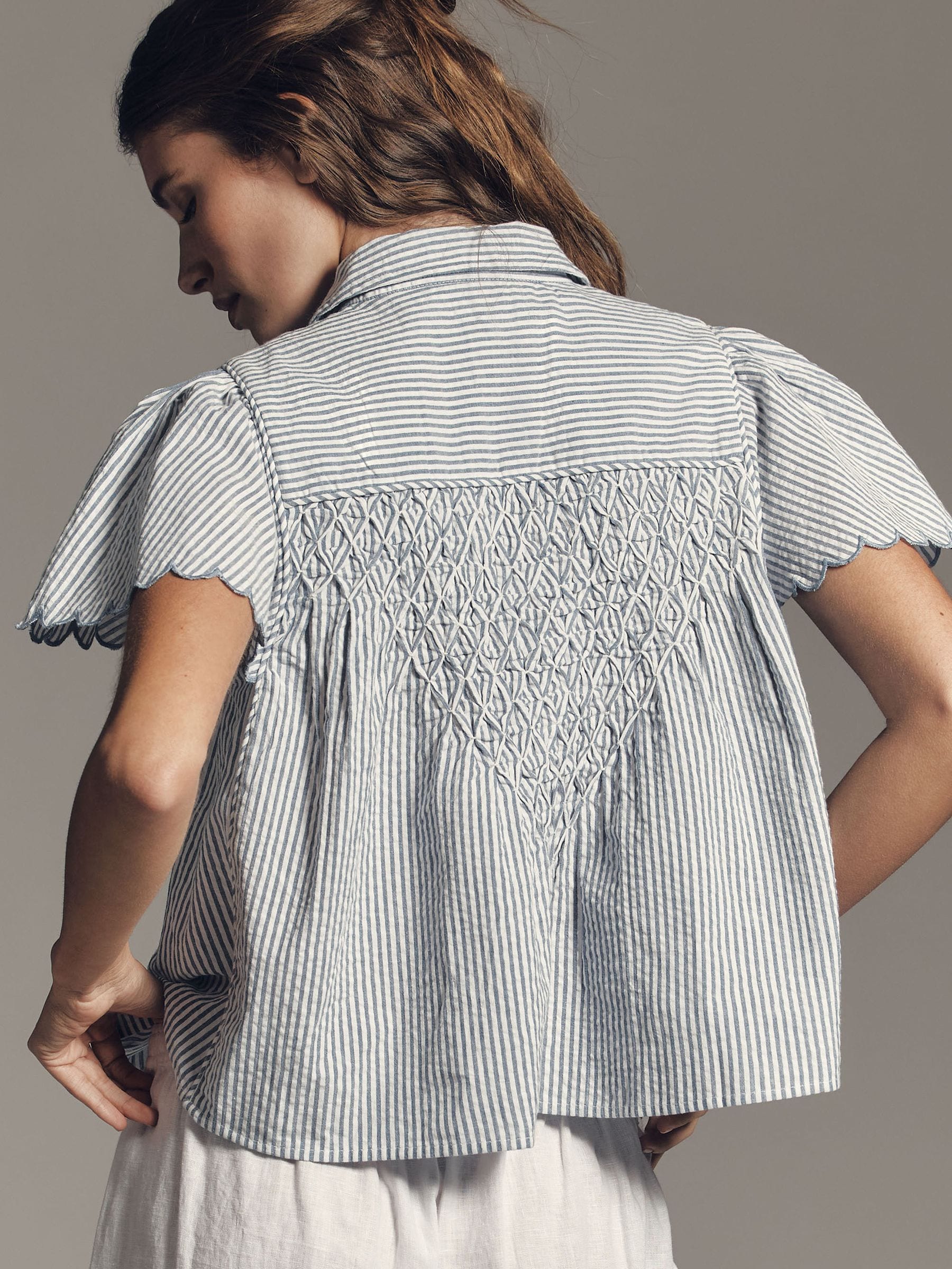 Buy Anthropologie Blue Stripey Maeve Button Up Cotton Scalloped