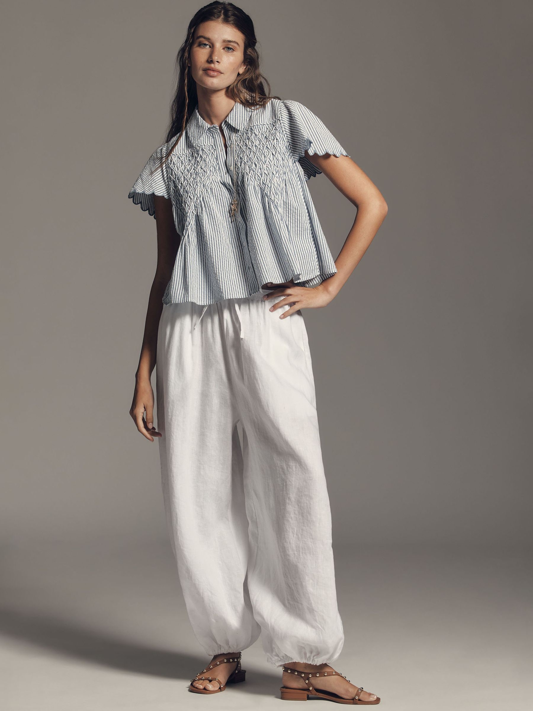 Buy Anthropologie Blue Stripey Maeve Button Up Cotton Scalloped