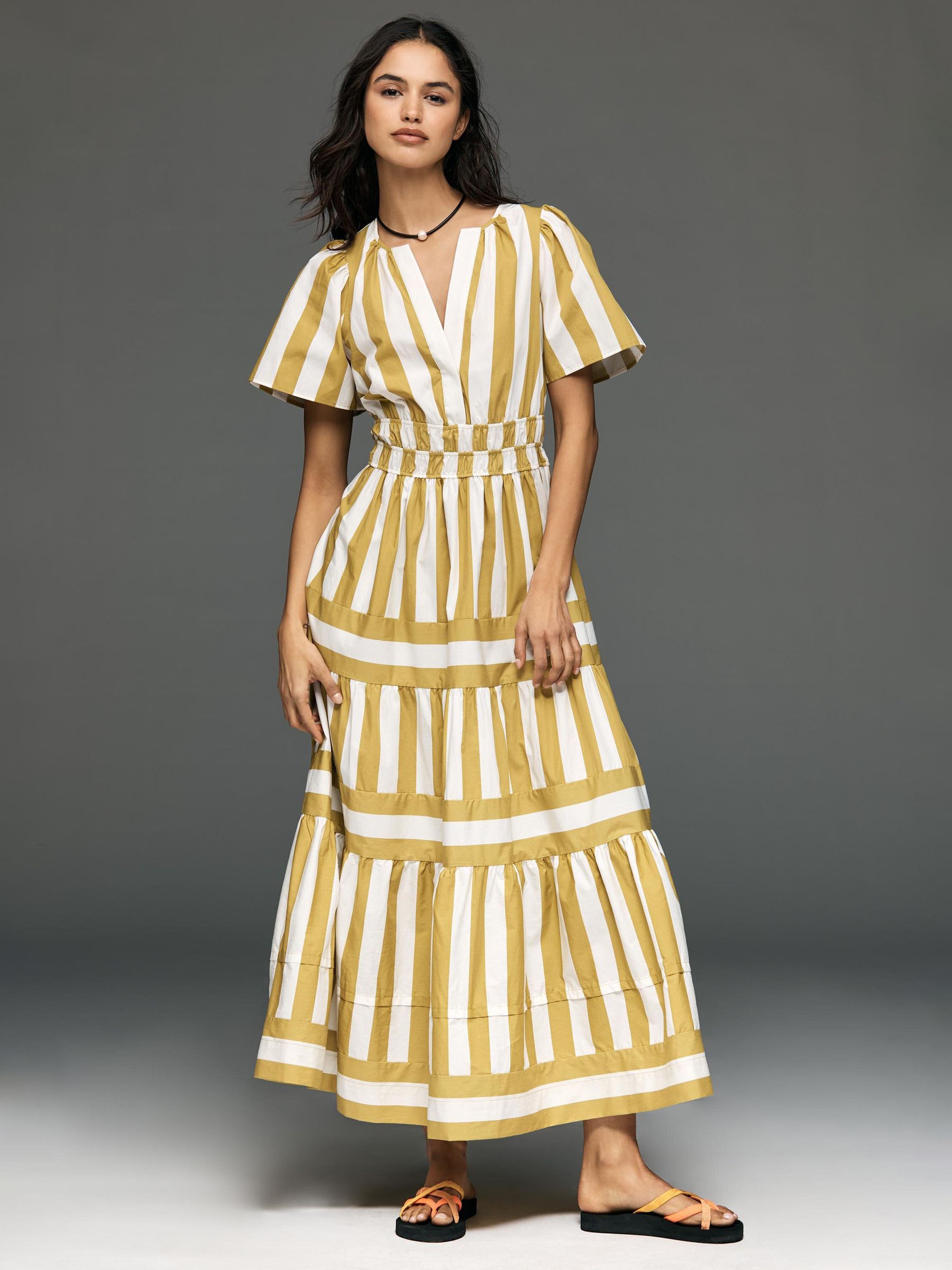striped yellow dress Cotton Blend Midi Mint Velvet tie belted waist Flounce hemline Hem falls above the knee A ASOS DESIGN scoop neck denim