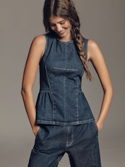 Anthropologie Blue Maeve Sleeveless Denim Peplum Top - תמונה 1 מתוך 4