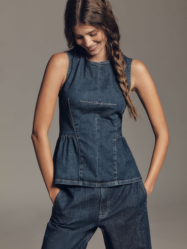 Anthropologie Blue Maeve Sleeveless Denim Peplum Top - תמונה 1 מתוך 4