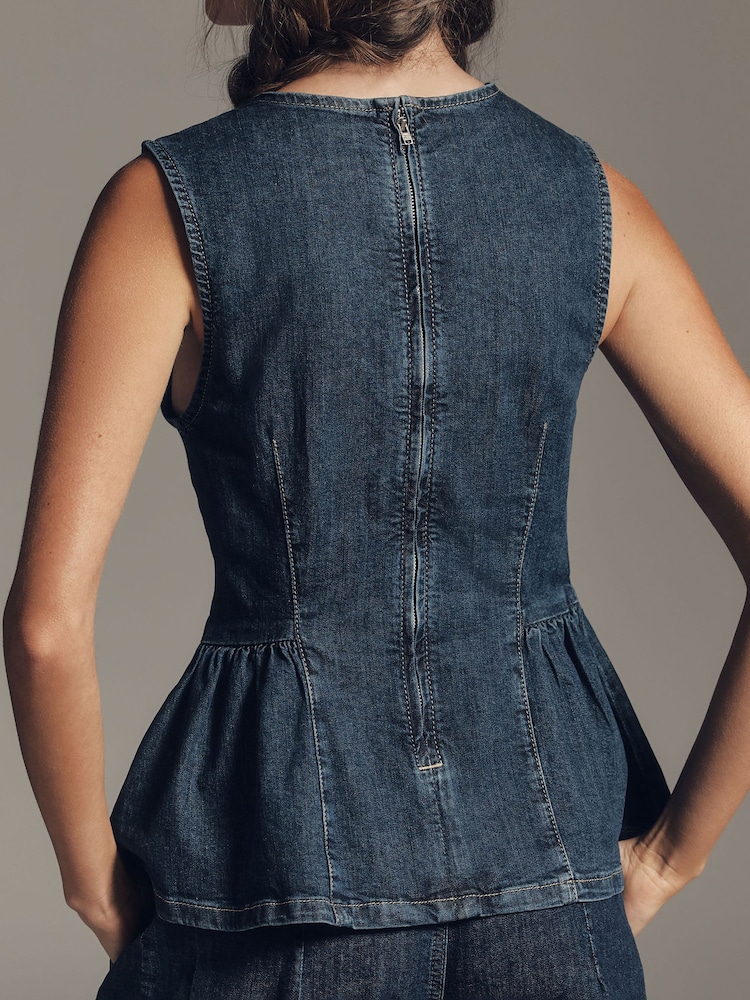 Anthropologie Blue Maeve Sleeveless Denim Peplum Top - תמונה 2 מתוך 4