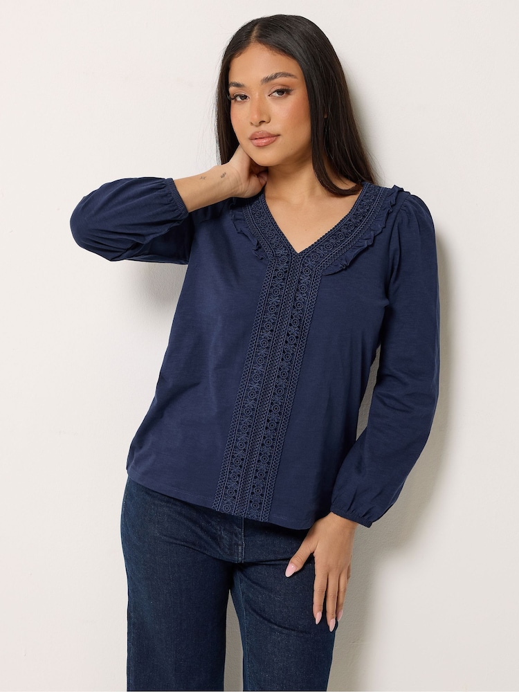M&Co Blue Petite Frill Detail Cotton Top - Image 1 of 5 M&Co Blue Petite Frill Detail Cotton Top - Image 1 of 5