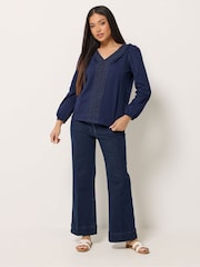 M&Co Blue Petite Frill Detail Cotton Top - Image 2 of 5