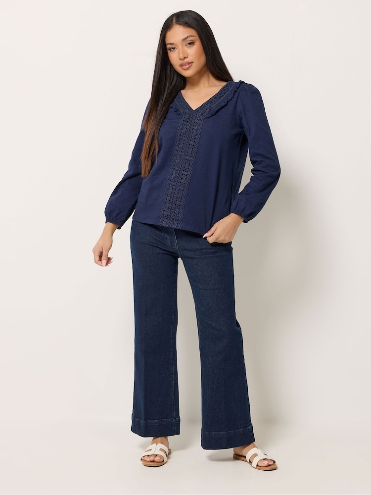 M&Co Blue Petite Frill Detail Cotton Top - Image 2 of 5 M&Co Blue Petite Frill Detail Cotton Top - Image 2 of 5