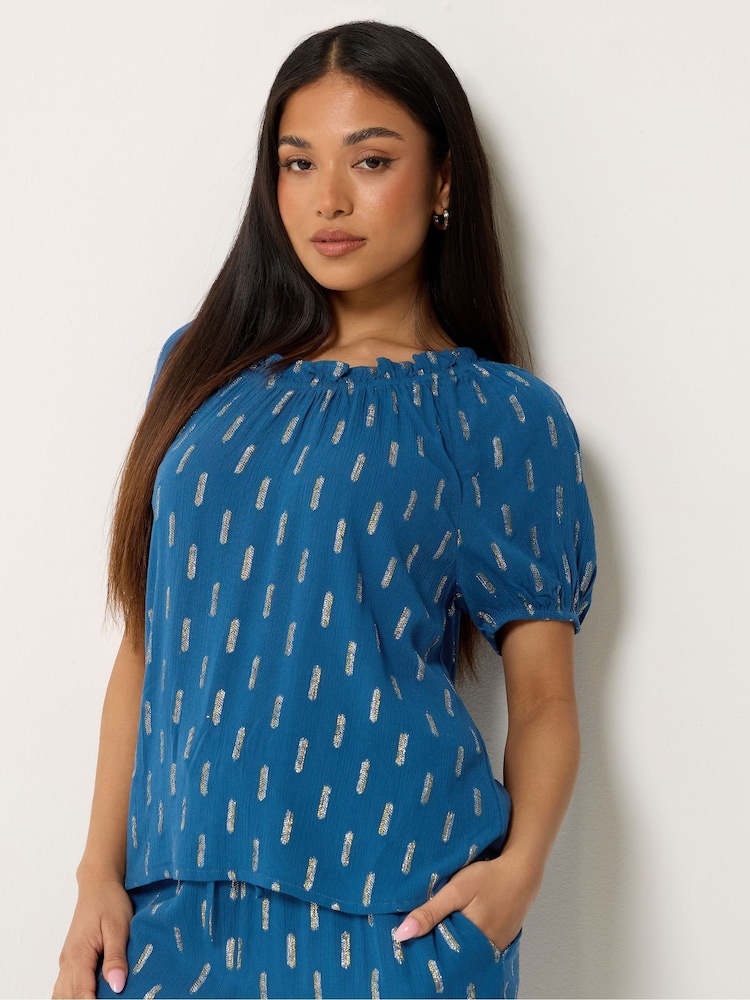 M&Co Blue Petite Foil Scoop Neck Top - Image 1 of 5