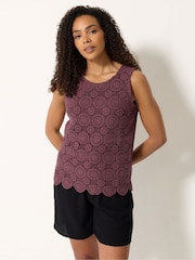 M&Co Purple Crochet Sleeveless Shell Print Top - Image 1 of 5