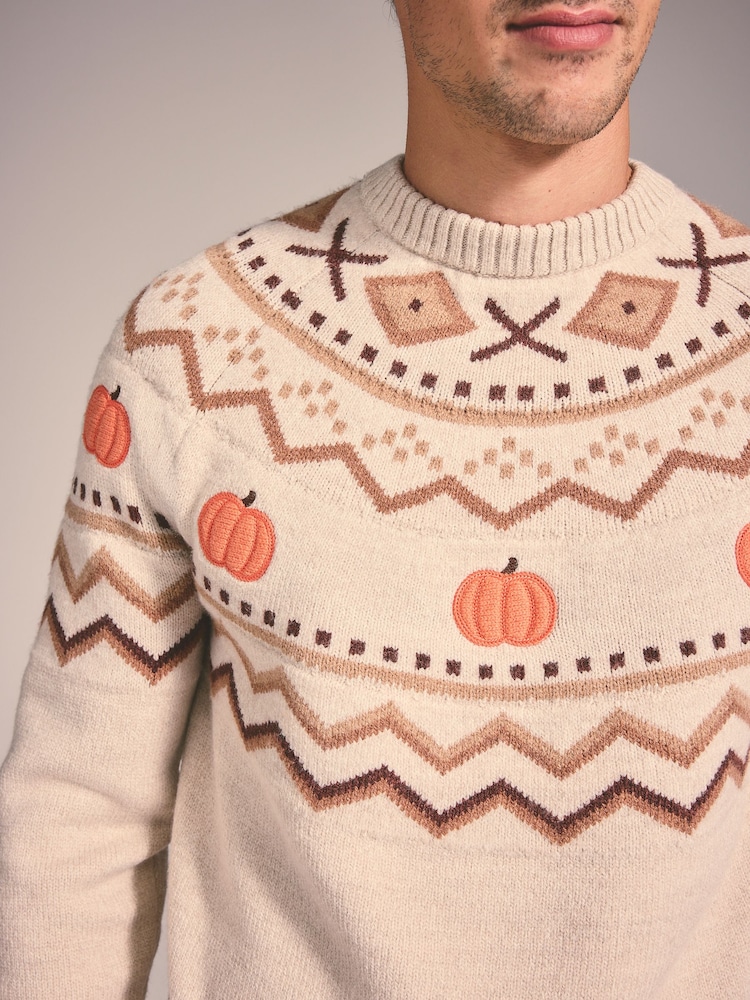 Neutral Pumpkin Fairisle Knitted Crew Neck Jumper - Image 4 of 4 Neutral Pumpkin Fairisle Knitted Crew Neck Jumper - Image 4 of 4