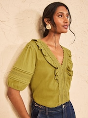 Love & Roses Olive Green Textured V Neck Lace Trim Top - Image 1 of 4