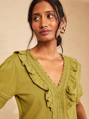 Love & Roses Olive Green Textured V Neck Lace Trim Top - Image 2 of 4