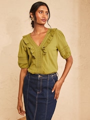 Love & Roses Olive Green Textured V Neck Lace Trim Top - Image 4 of 4