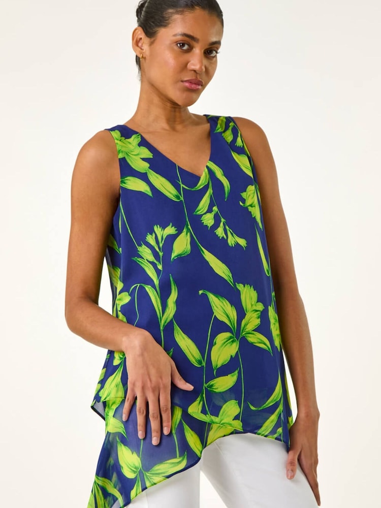 Roman Blue Floral Print Wrap Overlay Top - Image 1 of 5 Roman Blue Floral Print Wrap Overlay Top - Image 1 of 5