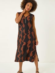 Roman Brown Wave Zip Detail Midi Shift Dress - Image 1 of 5