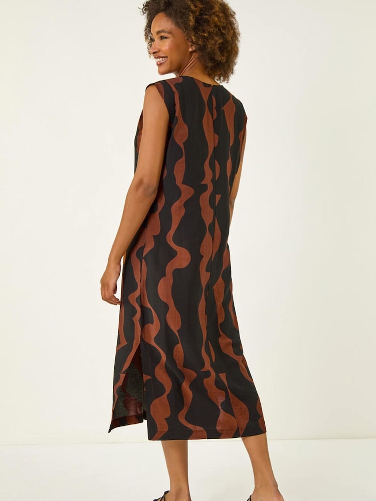 Roman Brown Wave Zip Detail Midi Shift Dress - Image 2 of 5 Roman Brown Wave Zip Detail Midi Shift Dress - Image 2 of 5