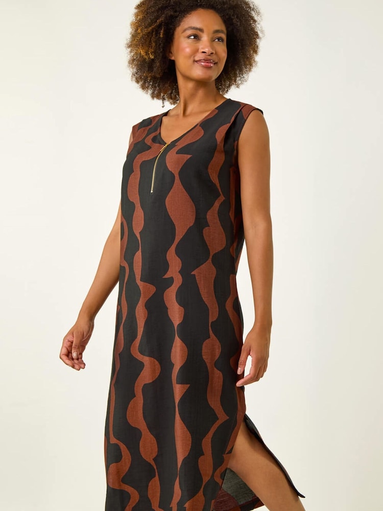 Roman Brown Wave Zip Detail Midi Shift Dress - Image 5 of 5 Roman Brown Wave Zip Detail Midi Shift Dress - Image 5 of 5