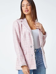 Roman Pink Frayed Edge Boucle Check Jacket - Image 5 of 5