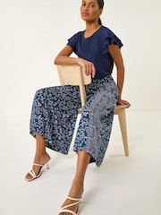 Roman Blue Floral Print Wide Leg Culottes - Image 1 of 5