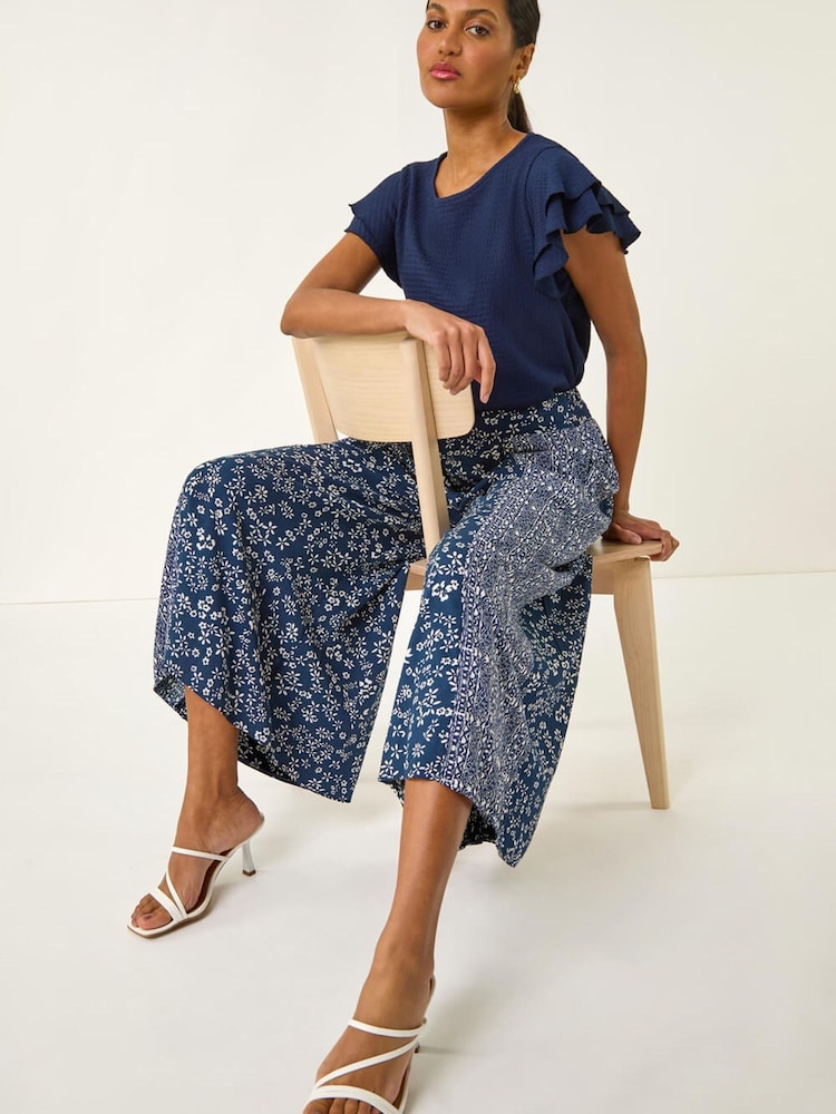 Roman Blue Floral Print Wide Leg Culottes - Image 1 of 5 Roman Blue Floral Print Wide Leg Culottes - Image 1 of 5