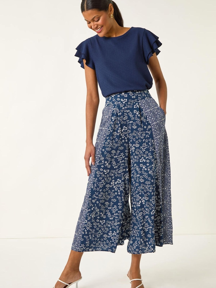 Roman Blue Floral Print Wide Leg Culottes - Image 2 of 5 Roman Blue Floral Print Wide Leg Culottes - Image 2 of 5