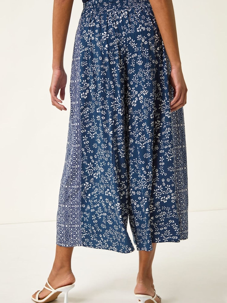 Roman Blue Floral Print Wide Leg Culottes - Image 5 of 5 Roman Blue Floral Print Wide Leg Culottes - Image 5 of 5