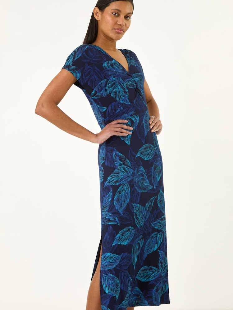 Roman Blue Leaf Print Ruched Midi T-Shirt Dress - Image 1 of 5