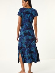Roman Blue Leaf Print Ruched Midi T-Shirt Dress - Image 2 of 5