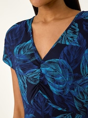 Roman Blue Leaf Print Ruched Midi T-Shirt Dress - Image 3 of 5