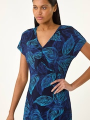 Roman Blue Leaf Print Ruched Midi T-Shirt Dress - Image 4 of 5