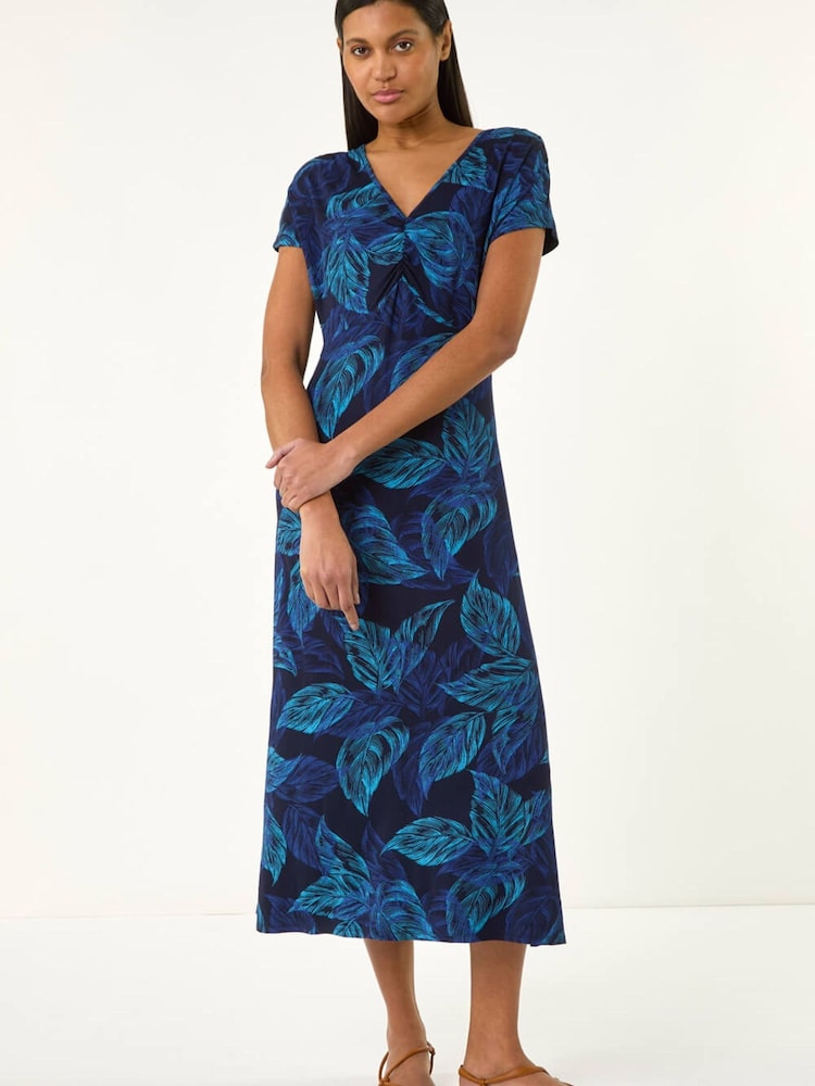 Roman Blue Leaf Print Ruched Midi T-Shirt Dress - Image 5 of 5