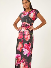 Roman Black Floral Printed Wrap Detail Midi Dress - Image 1 of 5