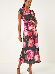 Roman Black Floral Printed Wrap Detail Midi Dress - Image 2 of 5