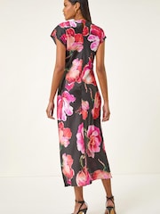 Roman Black Floral Printed Wrap Detail Midi Dress - Image 3 of 5