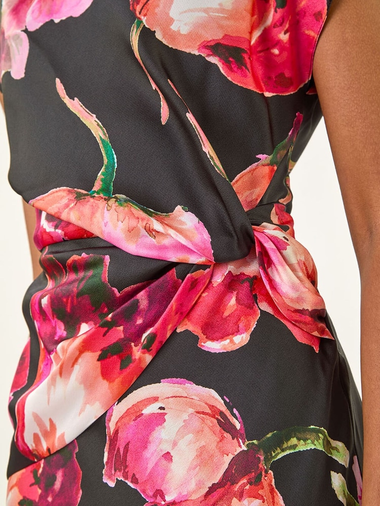 Roman Black Floral Printed Wrap Detail Midi Dress - Image 5 of 5