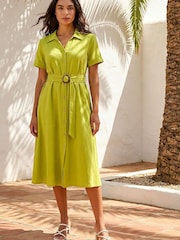 Roman Green Linen Look Belted Shirt Dress - Image 1 of 5