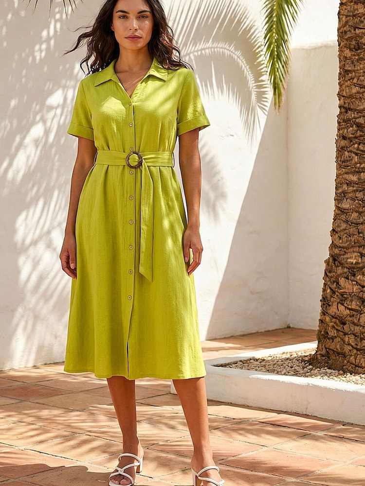 Roman Green Linen Look Belted Shirt Dress - Image 1 of 5
