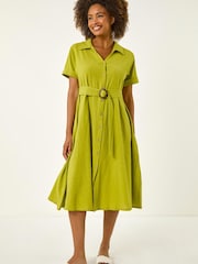 Roman Green Linen Look Belted Shirt Dress - Image 3 of 5