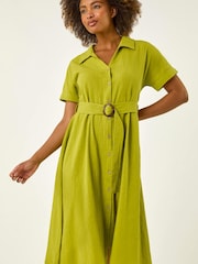 Roman Green Linen Look Belted Shirt Dress - Image 5 of 5