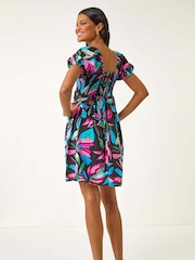 Roman Black Leaf Print Shirred Short Dress - Image 2 of 5