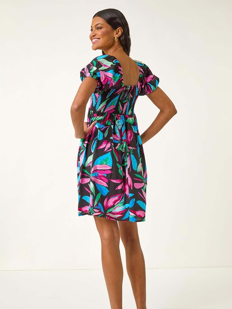 Roman Black Leaf Print Shirred Short Dress - Image 2 of 5 Roman Black Leaf Print Shirred Short Dress - Image 2 of 5