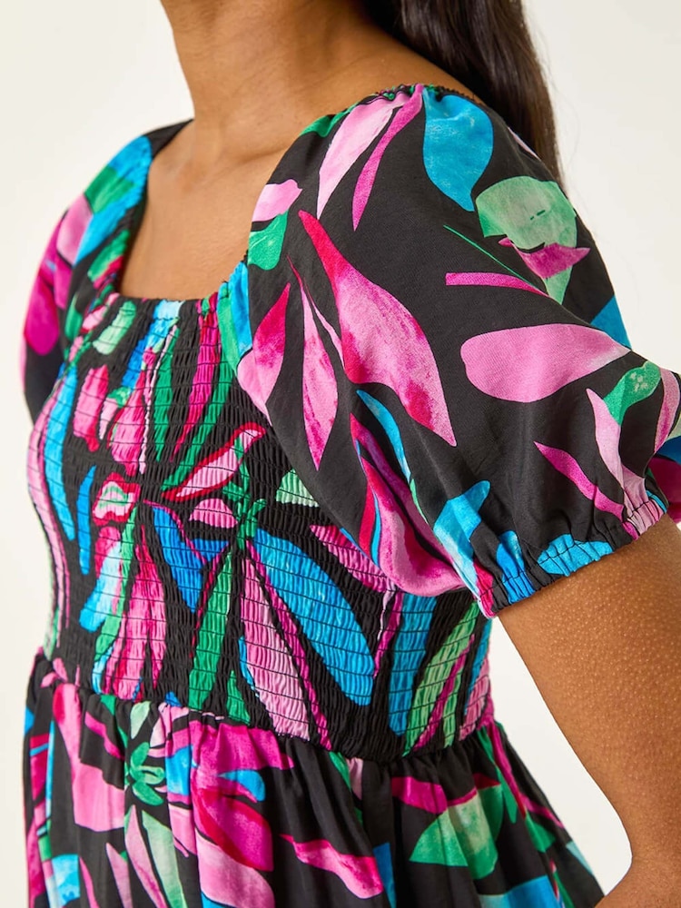 Roman Black Leaf Print Shirred Short Dress - Image 5 of 5 Roman Black Leaf Print Shirred Short Dress - Image 5 of 5